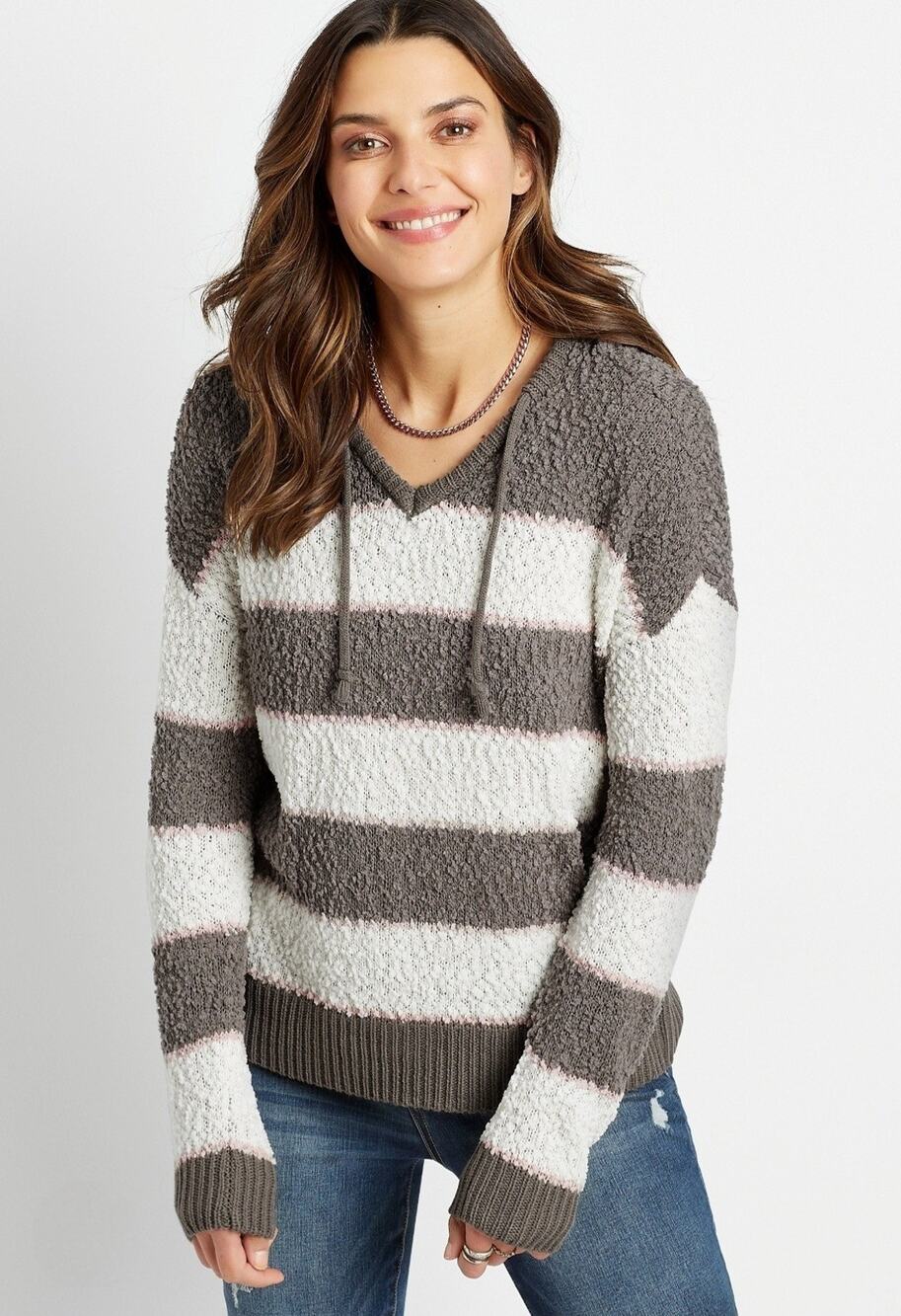 Maurices Sweater Womens XS Brown & Ivory Striped Hooded Pullover Popcorn Knit